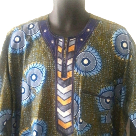 Unknown Other - NATIVE African Blue and Gold Dashiki Shirt, XL